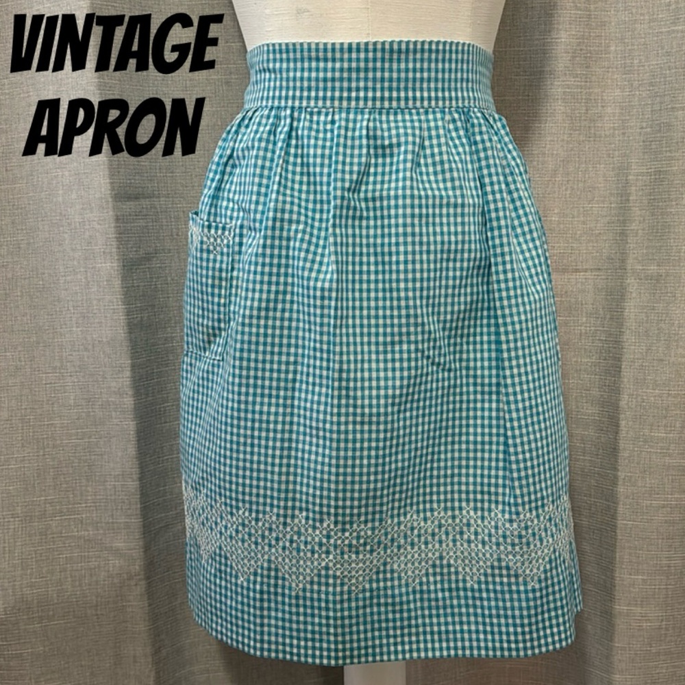 Vintage Apron-Blue/White Gingham Checked-Single Pocket